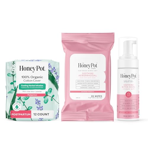 Image of The Honey Pot Company - Postpartum Pads, Wash, & Wipe Bundle - Postpartum Essentials - 12ct Pads, Witch Hazel Feminine Wash, 20ct Witch Hazel Feminine & Hemorrhoid Wipes