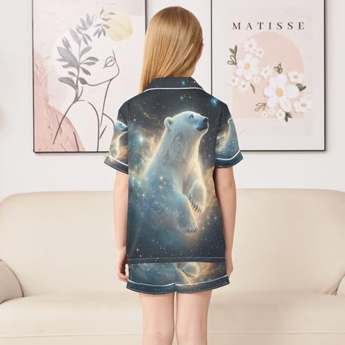 ALAZA Polar Bear Starry Sky Space Satin Pajamas Set Short Sleeve Button Down Sleepwear Summer Pjs 2 Piece4
