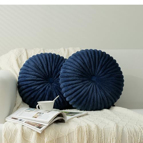 Image of HIG Decorative Round Throw Pillows for Bed Couch -Set of 2 Handcraft Ruched Pumpkin Pillow, Soft and Durable Flannel Floor Pillow for Home Decor, Bed Living Room and Sofa (Navy,14.5 inchx14.5 inch)