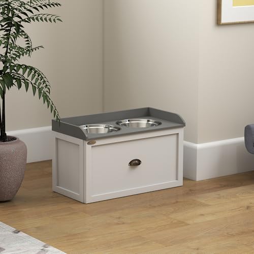 PawHut Erhöhter Hundenapf Futternapf mit Ständer Fressnapf mit Schublade, 2 Edelstahlnäpfen Futterstation für große Hunde, 36 cm Hoch, Weiß