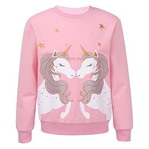 Kaerm Mädchen Sweatshirt für Kinder Baumwolle Top Casual Jumper Kleinkind Einhörner Pferd Druck Langarmshirt Pullover 2 3 4 5 6 7 8 9 10 12 Jahre alt A_Rosa E 134-140 Cover