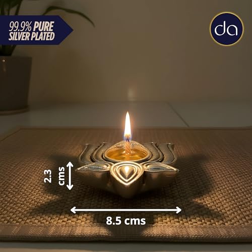 Image of 999 Pure Silver Plated Lotus Diyas for Pooja - Set of 11, Handcrafted Silver Diya for Puja & Spiritual Gifting for Home Decor