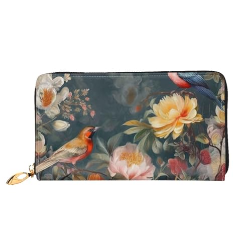 Portefeuille en cuir noir pour femme motif fleurs et oiseaux étanche