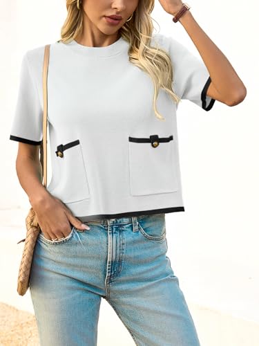Image of Saodimallsu Women's Short Sleeve Color Block Crew Neck Sweater