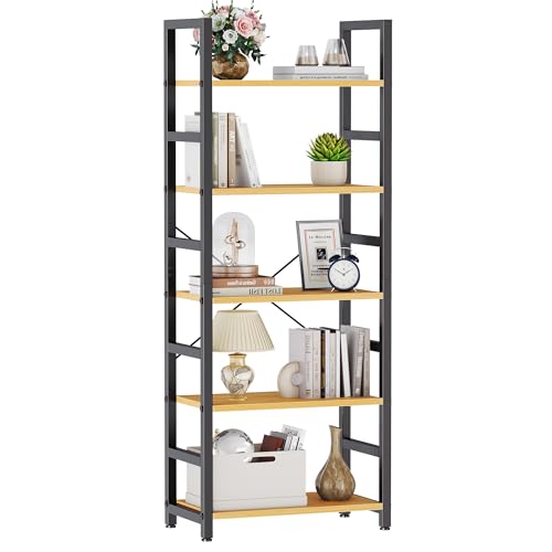 Image of DUMOS 5-Tier Bookshelf, Modern Tall Bookcase, Open Storage Display Shelf for Living Room, Bedroom, Home Office, Narrow Standing Shelving Unit for Books, CDs, Decor,Wood