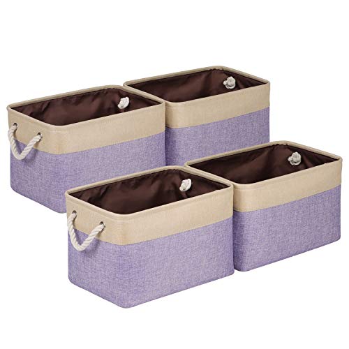 Univivi Lot de 4 grands paniers de rangement pliables rectangulaires avec poignées de transport en coton robuste, articles de famille (38.1 cm, violet)