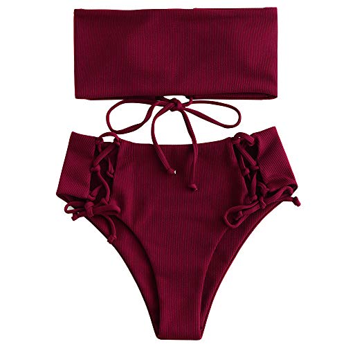 ZAFUL Women's Lace Up Ribbed Strapless High Waisted Bandeau Bikini Set Swimsuit (Wine Red, M)