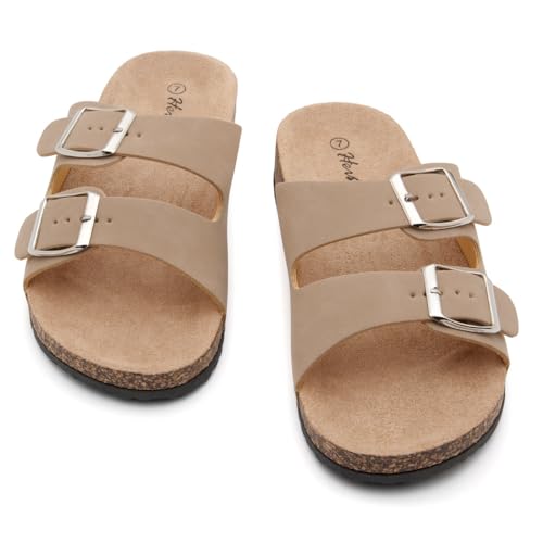 Image of Herstyle Womens Cork Footbed Slides for Women, Double Strap Flat Sandals, Adjustable Buckle Comfort Slip On Shoes, Summer Beach Casual Walking Slippers