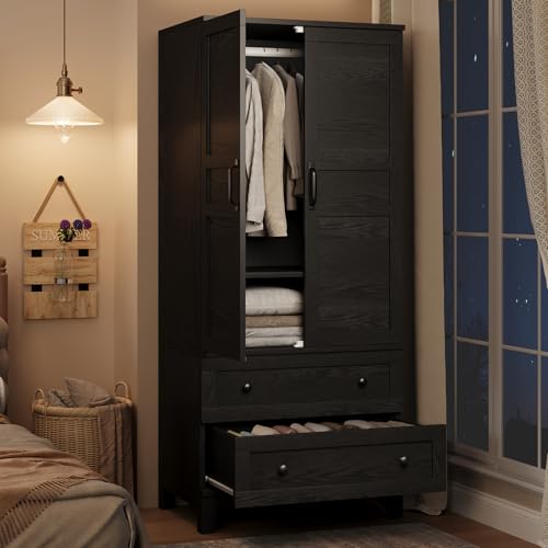 GarveeHome Armoire Wardrobe Closet with 2 Drawers,72 in Wooden Wardrobe Cabinet with Hanging Rod, Tall Clothing Armoire Cabinet with Doors and 18 Adju