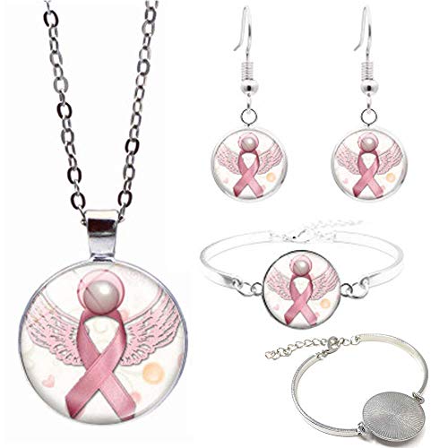 Piklohas Mujer Colgante Collar Pendiente Pulsera Conjunto Cristal Usable Ángel Cinta Rosa Buena Suerte Amor Tiempo Energía Gema Día De La Madre Día del Niño Día De San Valentín Regalo Preferido(Pink) Cover