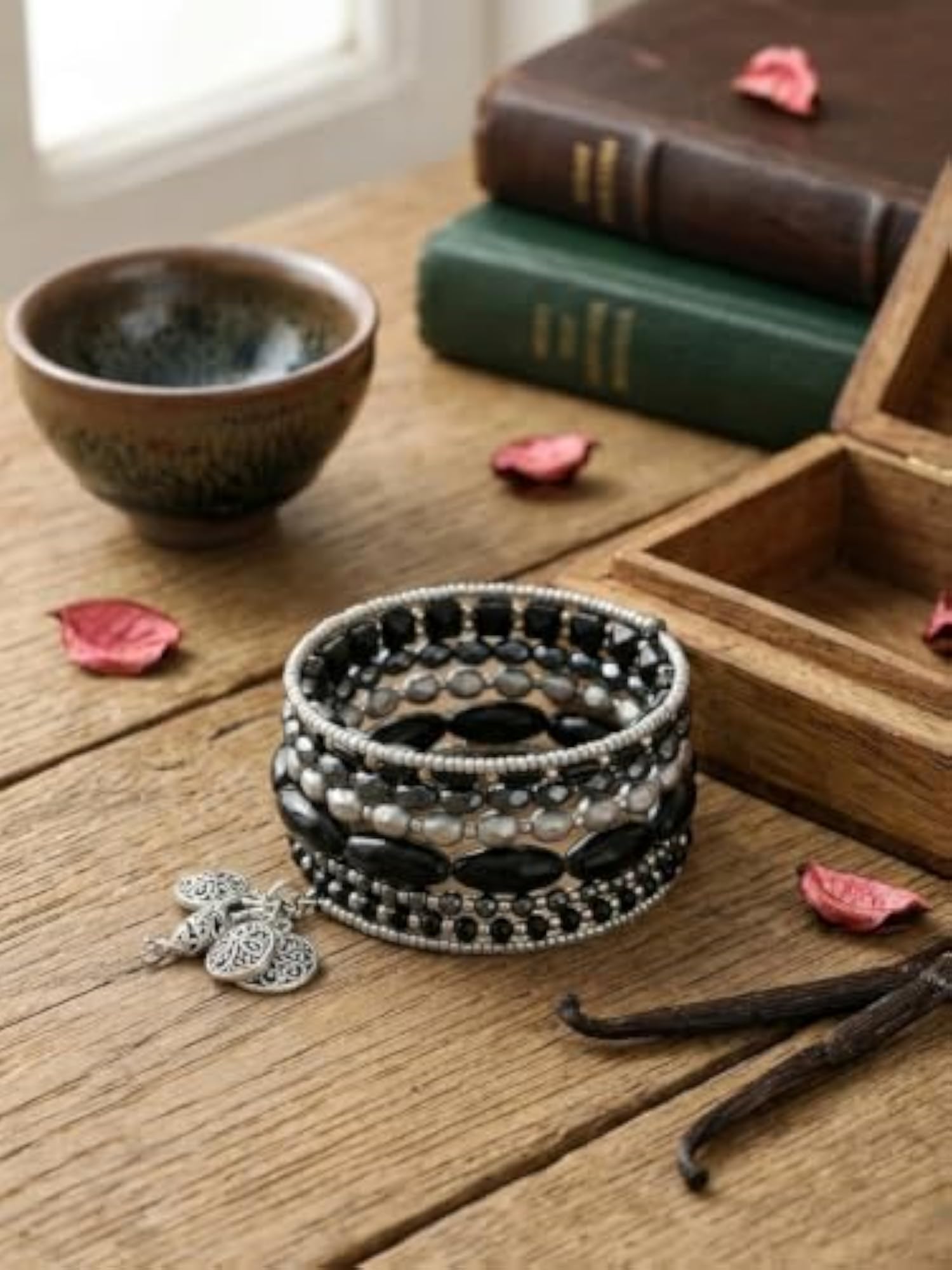 Silver Beaded Coil Bracelet with Metallic Faceted Oval Beads