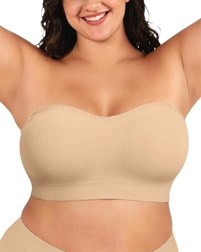 OEAK Supportive Strapless Bras for Women Push Up Wireless Bandeau Bra Non Slip Seamless Bras Comfortable Padded Bralette Nude XL
