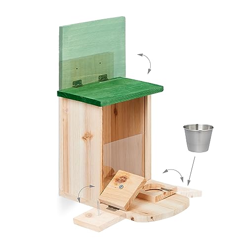 Relaxdays Eichhörnchen Futterhaus, Holz, Eichhörnchenfutterstation mit Maiskolbenhalter, Napf, Sitzplattform, Natur/grün, 1 Stück