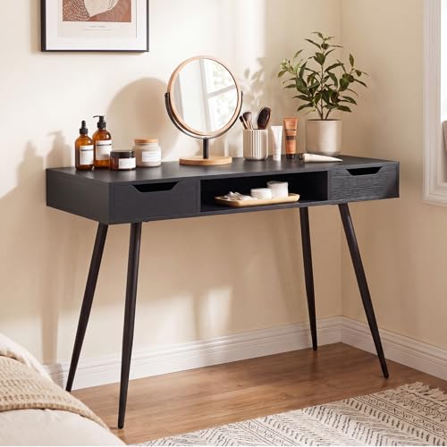 Image of Tangkula Mid Century Modern Computer Desk, Writing Desk with 2 Drawers & Open Center Storage, Small Wooden Study Table for Home Office & Compact Spaces (Black)