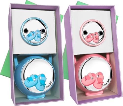 Conjunto de Pinza de Chupete y Portachupetes con Aplique Bilaminado en Plata de Ley 925‰. Diseño de 'Patucos', con opción de Personalizado. (09654)
