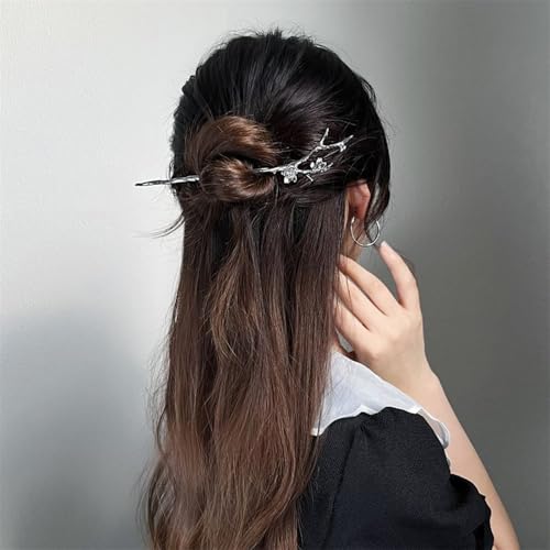 Image of S.A.V.I Silver Cherry Blossom Hair Stick for Women | Elegant Chinese Style Metal Hairpin | Unique Floral Branch Design Hair Accessories for Buns & Hairstyles | Traditional & Modern Look