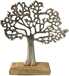 Metal Silver Family Tree Of Life On Wooden Base Stand Sculpture Ornament