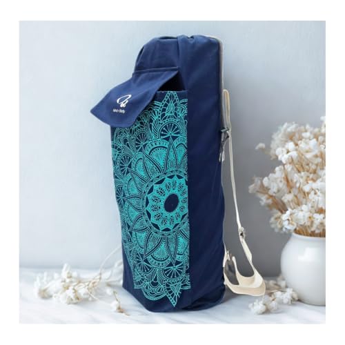 Image of O2 Yoga Mat Bag | Cotton Yoga Mat Carry Bag with Adjustable Double Straps | Bottle Holder & Zipper Pocket | Yoga Mat Cover Bag for Women & Men | Fits 2mm-10mm Mats | Lightweight - Blue