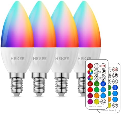 HEKEE E12 LED Candelabra Light Bulbs, Color Changing Candle, B11 40W Incandescent Equivalent, 450 Lumen, RGB + 2700K Warm White, 5Watt, 12 Colors, 2 Modes, Timer, Remote Control(4 Pack)