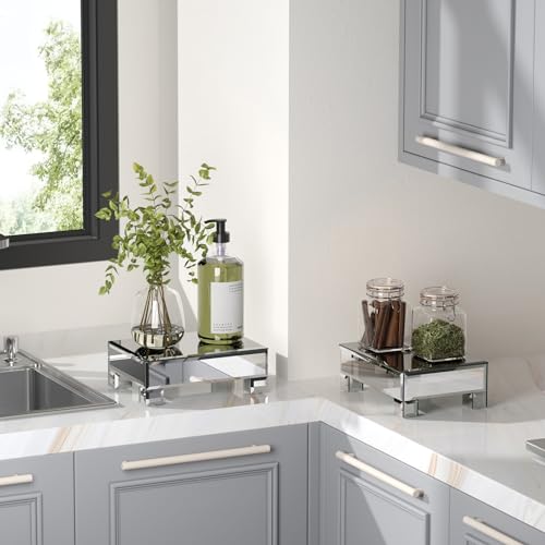 Uniglam Set of 2 Mirrored Risers for Display, Mirrored Display Stand, Glass Perfume Tray for Vanity, Bathroom Counter Decor Organizer, Footed Tray, Square Mirrors for Centerpieces