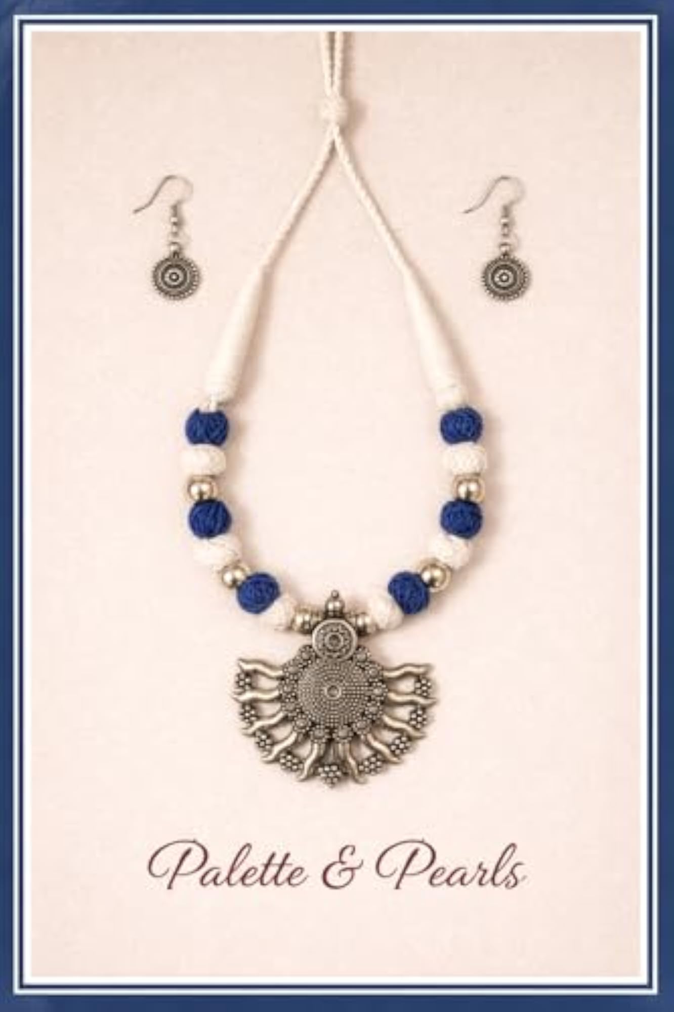 Blue & White Beaded Silver Oxidised Sun Pendant Necklace Set