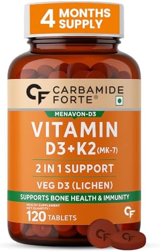 Carbamide Forte Vitamin D3 K2 Supplement | Vitamin K2 MK7 To Support Bone & Heart Health | Veg D3 - Lichen - 120 Tablets