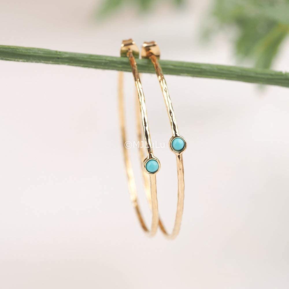 14K Gold-Plated Dainty Hoop Earrings with Simulated Blue Turquoise - Lightweight, Hypoallergenic, Chic Boho Design for Versatile Everyday Elegance - delicate minimal Jewelry by 7