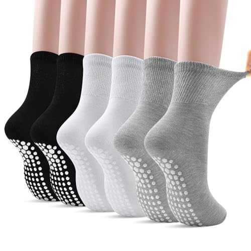 DECOVICI Calcetines de yoga antideslizantes para mujer, 6 pares, calcetines de pilates no vinculantes con agarre para damas, calcetines antideslizantes 5-8, 01 negro x 2 + blanco x 2 + gris x 2, 5-8