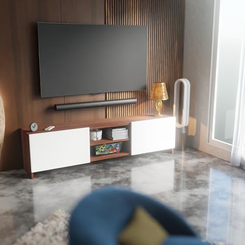 Image of Modern Living Room TV Stand with Open Display Compartment, Dual Side Storage Units, and Clean Contemporary Design for Home Decor | Assembly-DIY | Color-Cherry Pine & White