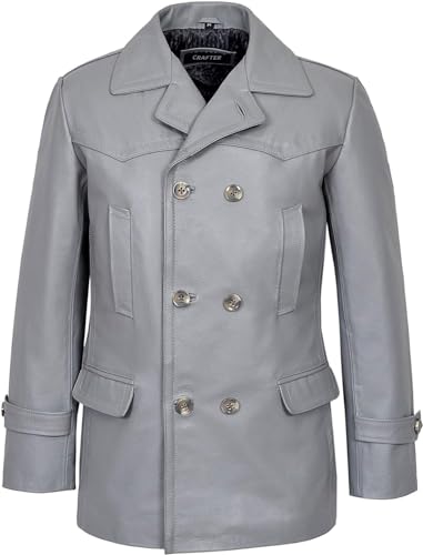 Image of Crafter Men's Kriegsmarine German Ww2 Dr Who Reefer Hide Leather Jacket Coat Four Button Leather Car Coat - Pea Coat for Mens