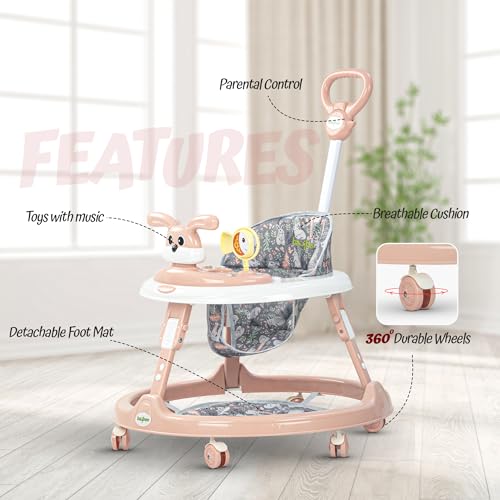 Image of Baybee Bunny Pro 2-in-1 Baby Walker for Kids with Push Handle, 2-Level Height Adjustment, Mat & Musical Toy Bar | Activity Push Walker for Babies 6-18 Months (Pink)