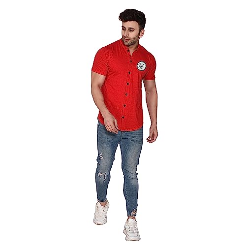 Image of Geum Men's Mandarin Collar Shirt with Graphic Print| Short Sleeve Cotton Blend Slim Fit Casual Shirt for Men