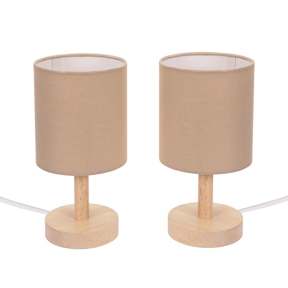 ValueLights | Natural Wood Base Table Lamps with Natural Cylinder Fabric Lampshade | Table Lamps, Home Décor & Improvement Essential | Pair of 2