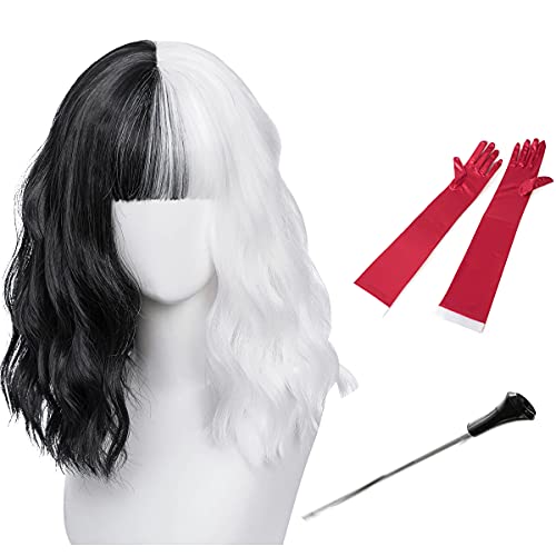Cruella Wigs Black and White wig with Bangs Curly Short Wavy Wig Synthetic Split Wig with Different Tone