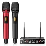 TONOR Microfono Wireless Dinamico, Professionale Sistema di microfoni per Karaoke, UHF Set Mic Senza Fili per DJ, Discorsi, Feste Domestico, Singing, Chiese, Matrimoni, 60M, Nero&Rosso, TW350