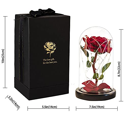 URBANSEASONS Beauty and The Beast Rose, Red Silk Rose That Lasts Forever in a Glass Dome with LED Lights,Gift for Mothers Day Valentine's Day Wedding Anniversary