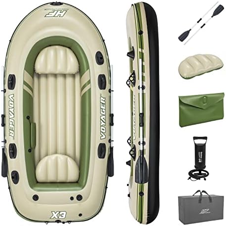 Hydro-Force Voyager X3 aufblasbares Floß-Set, für bis zu 3 Erwachsene, inkl. Boot, Aluminiumruder, Handpumpe, Ausrüstungstasche, Tragetasche, Reparaturflicken
