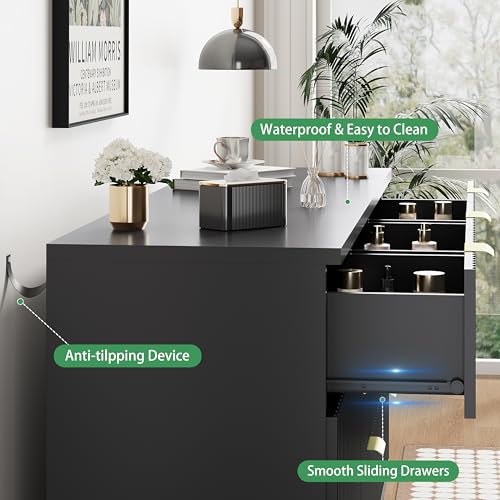 Image of Xixini Fluted Dresser for Bedroom with 7 Drawers, 48 inch Wide Chest of Drawers with Metal Handle, Modern Wood Dresser TV Stand, Wooden Closet Clothes Storage Organizer for Living Room, Hallway, Black