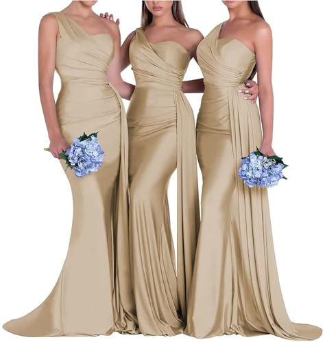 Image of One Shoulder Bridesmaid Dresses for Wedding Long Satin Bodycon Prom Dress Mermaid Formal Evening Gowns