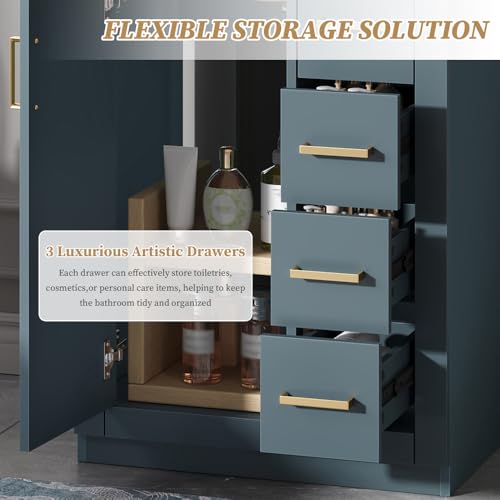 Image of 24 Inch Bathroom Vanity with Ceramic Sink, Cabinet and 3 Drawers, Modern Freestanding Vanity for Small Bathroom (Blue)