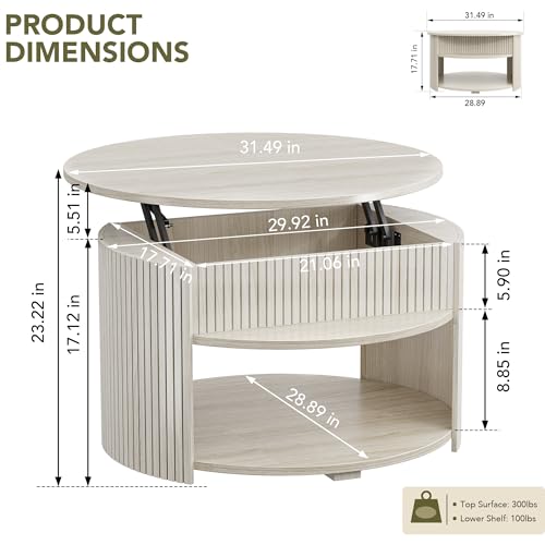 Decofy Round Lift Top Coffee Table with Storage, Fluted Mid-Century Modern Coffee Tables for Living Room, with Hidden Compartment & Open Shelves, for Small Spaces & Home Office(31.5" White Oak) by Decofy - Image 2