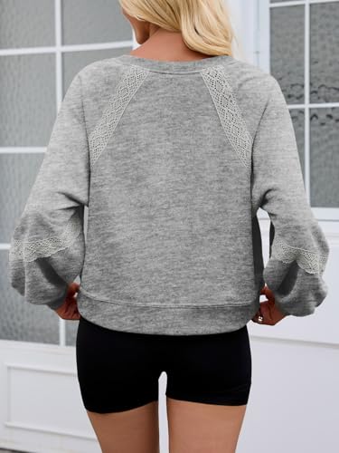 Fisoew Womens Oversized Sweatshirt Casual V Neck Lace Lantern Long Sleeve Cropped Loose Fit Fall Pullover Tops Grey — view 4