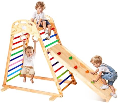 VEVOR Indoor Playground Jungle Gym, 4-in-1 Wooden Indoor Playground Playset with Climbing Rock, Slide, Wooden Ladder & Gym Rings, Montessori Style Playground Climbing Toys for Boys Girls, 220LBS
