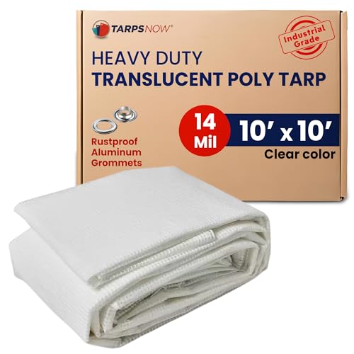 Tarps Now 10x10 Feet Translucent Poly Tarp |14 MIL Heavy Duty Waterproof Cover |Tear Proof Plastic Tarp with Rustproof Aluminum Grommets & Reinforced Edges |Ideal for Roof, Landscaping-Clear & White