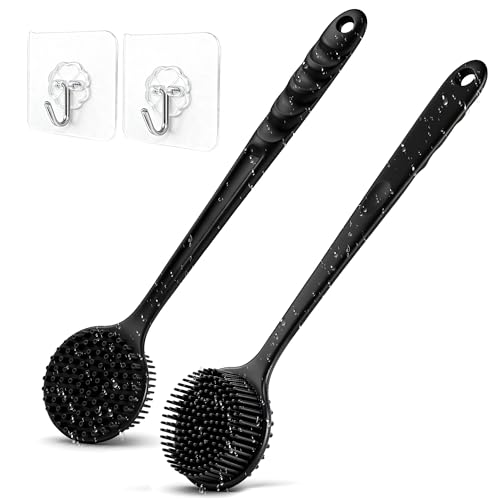 Brosse Dos Douche Silicone Long Manche, 2 Pièces Brosse pour le Dos Double Face Massage & Gommage, Brosse a Dos pour Douche Antidérapante avec 2 Crochets, Séchage Rapide et Hygiénique