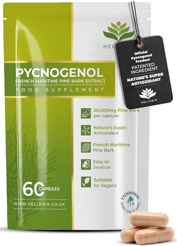 Pycnogenol French Maritime Pine Bark Extract - 60 Capsules | Providing Naturally Powerful Bioflavonoids | High Bioavailability Pycnogenol | Suitable for Vegans - Made in the UK by Hellenia
