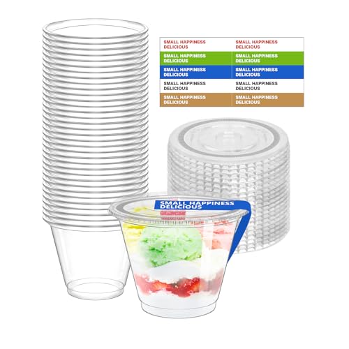 Soyoyora 35 Pack Plastic Dessert Cups with Flat Lids and Stickers 260ml/9oz Reusable Clear Serving Bowl No Hole Dessert Pots for Pudding Mousse Parfait Tiramisu Jelly Yogurt Fruit Party