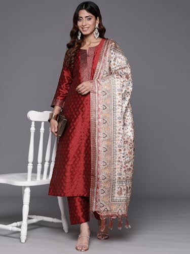 Image of Varanga Women Embroidered Straight Kurta Pant Set with Dupatta | Silk Blend Fabric | 3 /4 Sleeve Round Neck | Lightweight Comfortable Summer Wear