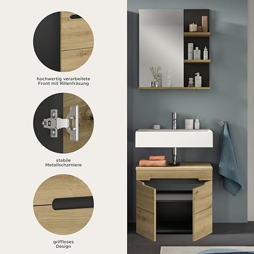 xonox.home Badezimmer Canu 2tlg. Kombination Badmöbel Set kleine Bäder Komplettprogramm Bademöbel-Set in Front + Absetzung Artisan Eiche Nb., Korpus Basalt grau Nb.