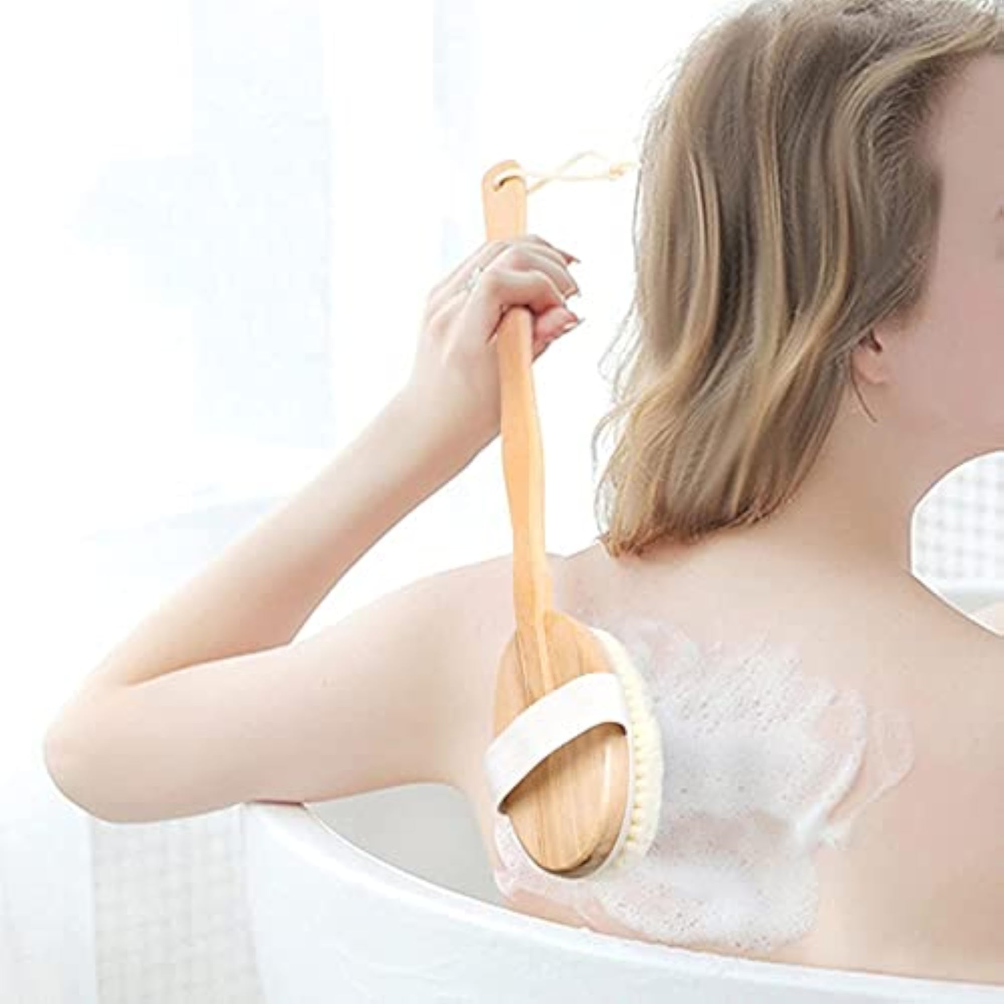 Wooden Bath Brush with Long Detachable Bamboo Handle